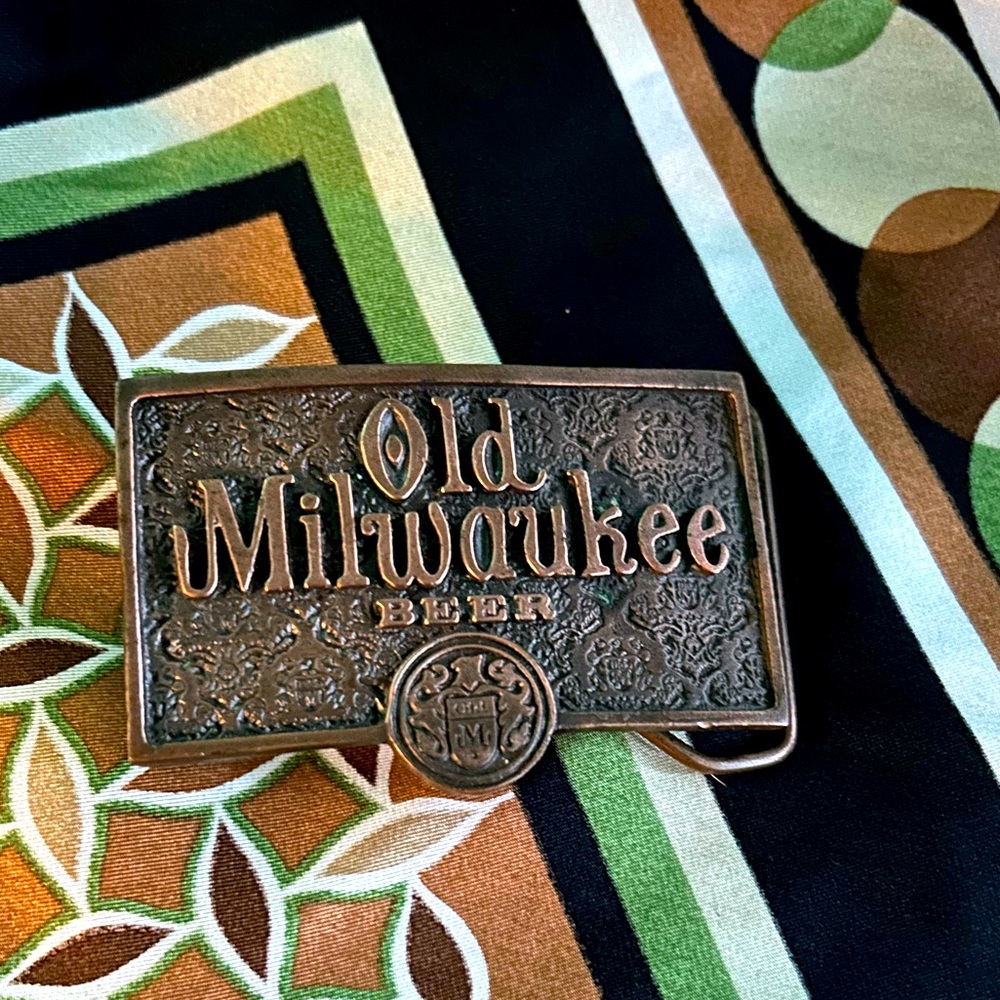 Vintage Old Milwaukee Breweriana belt buckle. Copper or copper clad.